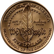 USA Five Dollars Constitution Bicentennial 1987 W KM# 221 UNITED STATES OF AMERICA BICENTENNIAL OF THE CONSTITUTION W FIVE DOLLARS SEPT 17 1787 E PLURIBUS UNUM WE THE PEOPLE coin reverse USA Five Dollars Constitution Bicentennial 1987 W KM# 221 UNITED STATES OF AMERICA BICENTENNIAL OF THE CONSTITUTION W FIVE DOLLARS SEPT 17 1787 E PLURIBUS UNUM WE THE PEOPLE coin reverse