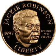 USA Five Dollars Jackie Robinson 1997 W Proof KM# 280 JACKIE ROBINSON 1997 W IN GOD WE TRUST LIBERTY coin obverse USA Five Dollars Jackie Robinson 1997 W Proof KM# 280 JACKIE ROBINSON 1997 W IN GOD WE TRUST LIBERTY coin obverse