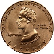 USA Five Dollars Smithsonian Institution 150th Anniversary 1996 W KM# 277 FOR THE INCREASE AND DIFFUSION OF KNOWLEDGE IN GOD WE TRUST JAMES SMITHSON 1846-1996 LIBERTY W coin obverse USA Five Dollars Smithsonian Institution 150th Anniversary 1996 W KM# 277 FOR THE INCREASE AND DIFFUSION OF KNOWLEDGE IN GOD WE TRUST JAMES SMITHSON 1846-1996 LIBERTY W coin obverse