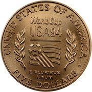 USA Five Dollars World Cup Tournament 1994 W KM# 248 UNITED STATES OF AMERICA W E PLURIBUS UNUM FIVE DOLLARS WORLD CUP USA94 coin reverse USA Five Dollars World Cup Tournament 1994 W KM# 248 UNITED STATES OF AMERICA W E PLURIBUS UNUM FIVE DOLLARS WORLD CUP USA94 coin reverse