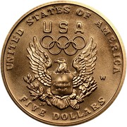 USA Five Dollars XXV Olympic Games 1992 W KM# 235 UNITED STATES OF AMERICA FIVE DOLLARS USA E PLURIBUS UNUM W coin reverse USA Five Dollars XXV Olympic Games 1992 W KM# 235 UNITED STATES OF AMERICA FIVE DOLLARS USA E PLURIBUS UNUM W coin reverse