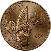 USA Five Dollars XXVI Olympiad Flag Bearer 1996 W KM# 274 LIBERTY IN GOD WE TRUST USA 1996 coin obverse USA Five Dollars XXVI Olympiad Flag Bearer 1996 W KM# 274 LIBERTY IN GOD WE TRUST USA 1996 coin obverse