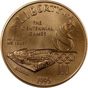USA Five Dollars XXVI Olympiad Stadium 1995 W KM# 265 LIBERTY THE CENTENNIAL GAMES IN GOD WE TRUST 100 ATLANTA 1995 coin obverse USA Five Dollars XXVI Olympiad Stadium 1995 W KM# 265 LIBERTY THE CENTENNIAL GAMES IN GOD WE TRUST 100 ATLANTA 1995 coin obverse