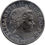 UK Five Pounds 100th Anniversary of the Entente Cordiale 2004 British Royal Mint KM# 1055 ELIZABETH∙II D∙G∙REG∙F∙D FIVE POUNDS IRB coin obverse UK Five Pounds 100th Anniversary of the Entente Cordiale 2004 British Royal Mint KM# 1055 ELIZABETH∙II D∙G∙REG∙F∙D FIVE POUNDS IRB coin obverse