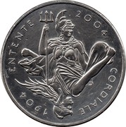 UK Five Pounds 100th Anniversary of the Entente Cordiale 2004 British Royal Mint KM# 1055 ENTENTE 2004 CORDIALE 1904 coin reverse UK Five Pounds 100th Anniversary of the Entente Cordiale 2004 British Royal Mint KM# 1055 ENTENTE 2004 CORDIALE 1904 coin reverse