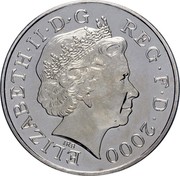 UK Five Pounds 100th Birthday of Queen Mother 2000 British Royal Mint Proof KM# 1007 ELIZABETH∙II∙D∙G REG∙F∙D∙2000 IRB coin obverse UK Five Pounds 100th Birthday of Queen Mother 2000 British Royal Mint Proof KM# 1007 ELIZABETH∙II∙D∙G REG∙F∙D∙2000 IRB coin obverse