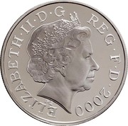 UK Five Pounds 100th Birthday of Queen Mother 2000 Proof KM# 1007a ELIZABETH∙II∙D∙G REG∙F∙D∙2000 IRB coin obverse UK Five Pounds 100th Birthday of Queen Mother 2000 Proof KM# 1007a ELIZABETH∙II∙D∙G REG∙F∙D∙2000 IRB coin obverse