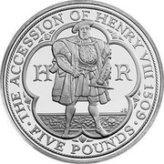 UK Five Pounds 500th Anniversary of the Accession of Henry VIII 2009 British Royal Mint Proof KM# 1118a THE ACCESSION OF HENRY VIII 1509 H R ∙FIVE POUNDS∙ JB coin reverse UK Five Pounds 500th Anniversary of the Accession of Henry VIII 2009 British Royal Mint Proof KM# 1118a THE ACCESSION OF HENRY VIII 1509 H R ∙FIVE POUNDS∙ JB coin reverse
