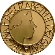UK Five Pounds 50th anniversary of the Coronation 2003 British Royal Mint Proof KM# 1038b ELIZABETH∙II∙DEI GRATIA REGINA∙F∙D∙ coin obverse UK Five Pounds 50th anniversary of the Coronation 2003 British Royal Mint Proof KM# 1038b ELIZABETH∙II∙DEI GRATIA REGINA∙F∙D∙ coin obverse