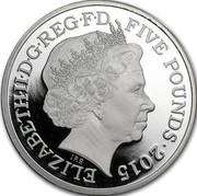 UK Five Pounds 50th Anniversary of the death of Sir Winston Churchill 2015 British Royal Mint Proof KM# 1298a ELIZABETH II D G REG F D FIVE POUNDS 2015 IRB coin obverse UK Five Pounds 50th Anniversary of the death of Sir Winston Churchill 2015 British Royal Mint Proof KM# 1298a ELIZABETH II D G REG F D FIVE POUNDS 2015 IRB coin obverse
