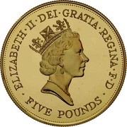 UK Five Pounds 90th Birthday of Queen Mother 1990 Proof KM# 962b ELIZABETH∙II∙DEI∙GRATIA∙REGINA∙F∙D ∙FIVE POUNDS∙ RDM coin obverse UK Five Pounds 90th Birthday of Queen Mother 1990 Proof KM# 962b ELIZABETH∙II∙DEI∙GRATIA∙REGINA∙F∙D ∙FIVE POUNDS∙ RDM coin obverse