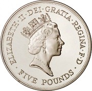 UK Five Pounds 90th Birthday of Queen Mother 1990 Proof KM# 962a ELIZABETH∙II∙DEI∙GRATIA∙REGINA∙F∙D ∙FIVE POUNDS∙ RDM coin obverse UK Five Pounds 90th Birthday of Queen Mother 1990 Proof KM# 962a ELIZABETH∙II∙DEI∙GRATIA∙REGINA∙F∙D ∙FIVE POUNDS∙ RDM coin obverse