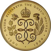 UK Five Pounds 90th Birthday of Queen Mother 1990 Proof KM# 962b QUEEN ELIZABETH THE QUEEN MOTHER EE ∙1900 ∙ 1990∙ coin reverse UK Five Pounds 90th Birthday of Queen Mother 1990 Proof KM# 962b QUEEN ELIZABETH THE QUEEN MOTHER EE ∙1900 ∙ 1990∙ coin reverse