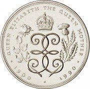 UK Five Pounds 90th Birthday of Queen Mother 1990 Proof KM# 962a QUEEN ELIZABETH THE QUEEN MOTHER EE ∙1900 ∙ 1990∙ coin reverse UK Five Pounds 90th Birthday of Queen Mother 1990 Proof KM# 962a QUEEN ELIZABETH THE QUEEN MOTHER EE ∙1900 ∙ 1990∙ coin reverse