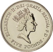 UK Five Pounds 90th Birthday of Queen Mother 1990 KM# 962 ELIZABETH∙II∙DEI∙GRATIA∙REGINA∙F∙D ∙FIVE POUNDS∙ RDM coin obverse UK Five Pounds 90th Birthday of Queen Mother 1990 KM# 962 ELIZABETH∙II∙DEI∙GRATIA∙REGINA∙F∙D ∙FIVE POUNDS∙ RDM coin obverse