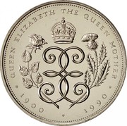 UK Five Pounds 90th Birthday of Queen Mother 1990 KM# 962 QUEEN ELIZABETH THE QUEEN MOTHER EE ∙1900 ∙ 1990∙ coin reverse UK Five Pounds 90th Birthday of Queen Mother 1990 KM# 962 QUEEN ELIZABETH THE QUEEN MOTHER EE ∙1900 ∙ 1990∙ coin reverse