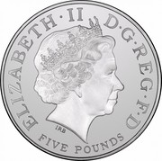 UK Five Pounds Accession of Elizabeth I 2008 Proof KM# 1104a ELIZABETH∙II D∙G REG∙F∙D FIVE POUNDS IRB coin obverse