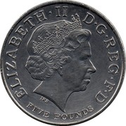 UK Five Pounds Accession of Elizabeth I 2008 KM# 1104 ELIZABETH∙II D∙G REG∙F∙D FIVE POUNDS IRB coin obverse