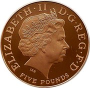 UK Five Pounds Admiral Lord Nelson 2005 British Royal Mint Proof KM# 1054b ELIZABETH ∙ II D∙G∙REG∙F∙D FIVE POUNDS IRB coin obverse UK Five Pounds Admiral Lord Nelson 2005 British Royal Mint Proof KM# 1054b ELIZABETH ∙ II D∙G∙REG∙F∙D FIVE POUNDS IRB coin obverse