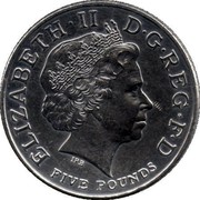 UK Five Pounds Admiral Lord Nelson 2005 British Royal Mint KM# 1054 ELIZABETH ∙ II D∙G∙REG∙F∙D FIVE POUNDS IRB coin obverse UK Five Pounds Admiral Lord Nelson 2005 British Royal Mint KM# 1054 ELIZABETH ∙ II D∙G∙REG∙F∙D FIVE POUNDS IRB coin obverse