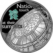 UK Five Pounds Big Ben 2009 British Royal Mint Proof KM# 1141 NATIONS TOUCH AT THEIR SUMMITS coin reverse UK Five Pounds Big Ben 2009 British Royal Mint Proof KM# 1141 NATIONS TOUCH AT THEIR SUMMITS coin reverse
