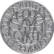 UK Five Pounds Coronation Jubilee 2003 British Royal Mint Proof KM# 1038a ∙CORONATION JUBILEE∙FIVE POUNDS∙2003 GOD SAVE THE QUEEN coin reverse UK Five Pounds Coronation Jubilee 2003 British Royal Mint Proof KM# 1038a ∙CORONATION JUBILEE∙FIVE POUNDS∙2003 GOD SAVE THE QUEEN coin reverse
