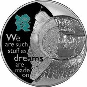 UK Five Pounds Globe Theatre 2009 British Royal Mint Proof KM# 1143 WE ARE SUCH STUFF AS DREAMS ARE MADE ON coin reverse UK Five Pounds Globe Theatre 2009 British Royal Mint Proof KM# 1143 WE ARE SUCH STUFF AS DREAMS ARE MADE ON coin reverse