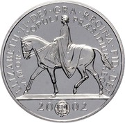 UK Five Pounds Golden Jubilee 2002 British Royal Mint Proof KM# 1024 ELIZABETH∙II∙DEI∙GRA∙REGINA∙FID∙DEF ∙AMOR∙POPULI∙PRAESIDIUM REG 20 02 coin reverse UK Five Pounds Golden Jubilee 2002 British Royal Mint Proof KM# 1024 ELIZABETH∙II∙DEI∙GRA∙REGINA∙FID∙DEF ∙AMOR∙POPULI∙PRAESIDIUM REG 20 02 coin reverse
