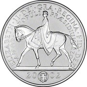 UK Five Pounds Golden Jubilee "Silver Edition" 2002 British Royal Mint Proof KM# 1024a ELIZABETH∙II∙DEI∙GRA∙REGINA∙FID∙DEF ∙AMOR∙POPULI∙PRAESIDIUM REG 20 02 coin reverse