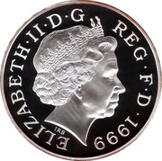 UK Five Pounds Millennium 1999 Proof KM# 1006a ELIZABETH∙II∙D∙G REG∙F∙D∙1999 IRB coin obverse UK Five Pounds Millennium 1999 Proof KM# 1006a ELIZABETH∙II∙D∙G REG∙F∙D∙1999 IRB coin obverse