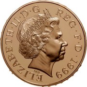 UK Five Pounds Millennium 1999 Proof KM# 1006b ELIZABETH∙II∙D∙G REG∙F∙D∙1999 IRB coin obverse UK Five Pounds Millennium 1999 Proof KM# 1006b ELIZABETH∙II∙D∙G REG∙F∙D∙1999 IRB coin obverse