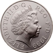 UK Five Pounds Millennium 1999 Proof KM# 1006 ELIZABETH∙II∙D∙G REG∙F∙D∙2000 IRB coin obverse UK Five Pounds Millennium 1999 Proof KM# 1006 ELIZABETH∙II∙D∙G REG∙F∙D∙2000 IRB coin obverse