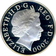 UK Five Pounds Millennium 2000 Proof KM# 1006c ELIZABETH∙II∙D∙G REG∙F∙D∙2000 IRB coin obverse UK Five Pounds Millennium 2000 Proof KM# 1006c ELIZABETH∙II∙D∙G REG∙F∙D∙2000 IRB coin obverse