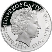UK Five Pounds Music 2010 British Royal Mint Proof KM# 1149 ELIZABETH∙II∙D∙G∙REG∙F∙D∙FIVE POUNDS∙2010 IRB coin obverse