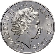 UK Five Pounds Prince Charles 1998 Proof KM# 995a ELIZABETH∙II∙D∙G REG∙F∙D∙1998 IRB coin obverse UK Five Pounds Prince Charles 1998 Proof KM# 995a ELIZABETH∙II∙D∙G REG∙F∙D∙1998 IRB coin obverse