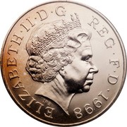 UK Five Pounds Prince Charles 1998 Proof KM# 995 ELIZABETH∙II∙D∙G REG∙F∙D∙1998 IRB coin obverse UK Five Pounds Prince Charles 1998 Proof KM# 995 ELIZABETH∙II∙D∙G REG∙F∙D∙1998 IRB coin obverse