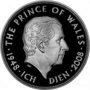 UK Five Pounds Prince Charles 60th Birthday 2008 Proof KM# 1103a THE PRINCE OF WALES∙ IRB 1948∙ICH DIEN∙2008 coin reverse