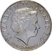 UK Five Pounds Queen Mother (2002) British Royal Mint Proof KM# 1035 ELIZABETH∙II D∙G∙REG∙F∙D FIVE POUNDS IRB coin obverse