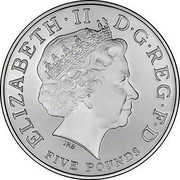 UK Five Pounds Queen Mother (2002) British Royal Mint Proof KM# 1035a ELIZABETH∙II D∙G∙REG∙F∙D FIVE POUNDS IRB coin obverse