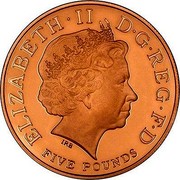 UK Five Pounds Queen Mother Memorial (2002) British Royal Mint Proof KM# 1035b ELIZABETH∙II D∙G∙REG∙F∙D FIVE POUNDS IRB coin obverse