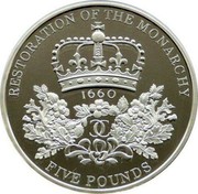 UK Five Pounds Restoration of the Monarchy 2010 British Royal Mint Proof KM# 1151a RESTORATION OF THE MONARCHY 1660 FIVE POUNDS coin reverse UK Five Pounds Restoration of the Monarchy 2010 British Royal Mint Proof KM# 1151a RESTORATION OF THE MONARCHY 1660 FIVE POUNDS coin reverse