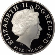 UK Five Pounds Royal Birth of Baby Prince George of Cambridge 2013 British Royal Mint Proof KM# 1251 ELIZABETH II D G REG F D FIVE POUNDS IRB coin obverse UK Five Pounds Royal Birth of Baby Prince George of Cambridge 2013 British Royal Mint Proof KM# 1251 ELIZABETH II D G REG F D FIVE POUNDS IRB coin obverse
