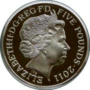 UK Five Pounds Royal Wedding 2011 Proof KM# 1203a ELIZABETH II D G REG F D FIVE POUNDS 2011 IRB coin obverse