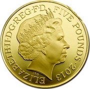 UK Five Pounds The Queen's Coronation - 60th Anniversary 2013 Proof KM# 1242b ELIZABETH II D G REG F D FIVE POUNDS 2013 IRB coin obverse UK Five Pounds The Queen's Coronation - 60th Anniversary 2013 Proof KM# 1242b ELIZABETH II D G REG F D FIVE POUNDS 2013 IRB coin obverse