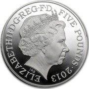 UK Five Pounds The Queen's Coronation - 60th Anniversary 2013 Proof KM# 1242d ELIZABETH II D G REG F D FIVE POUNDS 2013 IRB coin obverse UK Five Pounds The Queen's Coronation - 60th Anniversary 2013 Proof KM# 1242d ELIZABETH II D G REG F D FIVE POUNDS 2013 IRB coin obverse