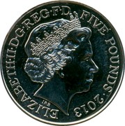 UK Five Pounds The Queen's Coronation - 60th Anniversary 2013 KM# 1242 ELIZABETH∙II∙D∙G∙REG∙F∙D FIVE POUNDS∙2013 IRB coin obverse UK Five Pounds The Queen's Coronation - 60th Anniversary 2013 KM# 1242 ELIZABETH∙II∙D∙G∙REG∙F∙D FIVE POUNDS∙2013 IRB coin obverse
