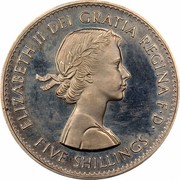 UK Five Shillings British Exhibition in New York 1960 Proof like KM# 909 ELIZABETH II DEI GRATIA REGINA F∙D∙ FIVE SHILLINGS coin obverse UK Five Shillings British Exhibition in New York 1960 Proof like KM# 909 ELIZABETH II DEI GRATIA REGINA F∙D∙ FIVE SHILLINGS coin obverse