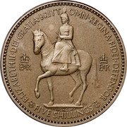 UK Five Shillings Coronation Queen Elizabeth II 1953 Matte Proof KM# 894 ELIZABETH∙II∙DEI∙GRATIA∙BRITT OMN∙REGINA∙FIDEI∙DEFENSOR EIIR EIIR GL FIVE SHILLINGS coin obverse UK Five Shillings Coronation Queen Elizabeth II 1953 Matte Proof KM# 894 ELIZABETH∙II∙DEI∙GRATIA∙BRITT OMN∙REGINA∙FIDEI∙DEFENSOR EIIR EIIR GL FIVE SHILLINGS coin obverse
