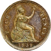 UK Four Pence Groat 1839 Proof KM# 731.2 FOUR PENCE *YEAR* coin reverse UK Four Pence Groat 1839 Proof KM# 731.2 FOUR PENCE *YEAR* coin reverse