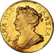 UK Guinea Anne No elephant and castle below 1709 KM# 529.1 ANNA∙DEI∙ GRATIA∙ coin obverse UK Guinea Anne No elephant and castle below 1709 KM# 529.1 ANNA∙DEI∙ GRATIA∙ coin obverse